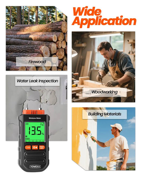 Pin Type Wood Moisture Meter For Firewood And Lumber With Drywall And Building Materials Readings, Direct Contact Pins, 0.0 To 58.0 Percent Range, Two Percent Accuracy, Seven Material Modes For Fast DIY And Pro Timber Checks. Firewood, woodworking, and building material use shown.