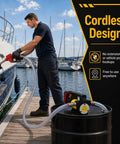 Heavy Duty Diesel Fuel Transfer Pump Handling 17 Gallons Per Minute With A Beefy 380W Motor Auto Stop Valve Leakproof Seals And Hassle Free Performance, cordless pump in use near a boat.