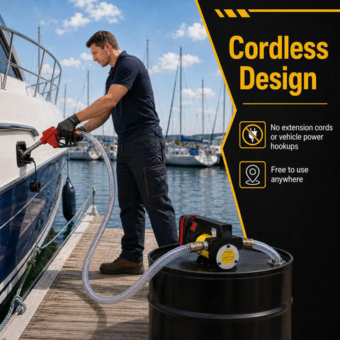 Heavy Duty Diesel Fuel Transfer Pump Handling 17 Gallons Per Minute With A Beefy 380W Motor Auto Stop Valve Leakproof Seals And Hassle Free Performance, cordless pump in use near a boat.