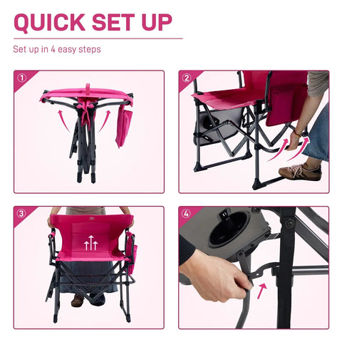 Compact Folding Directors Chair With Side Table And Pocket Pink Heavy Duty Lawn Chair For Camping And Outdoors Supports Up To 400lbs setup guide