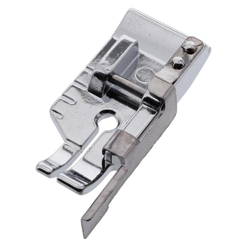 Front view of a 1/4 inch snap-on presser foot with guide for low-shank sewing machines