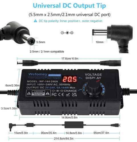 Power Supply Kit 3V To 24V Adjustable 6A 144W with LCD Display showing voltage, AC input details, and output tip dimensions.