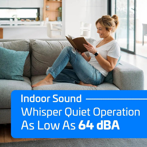 Woman reading on a couch showcasing Heavy Hitter 24000 Btu Dual Zone Mini Split AC and Heat Pump System delivering 23 Seer2 efficiency.