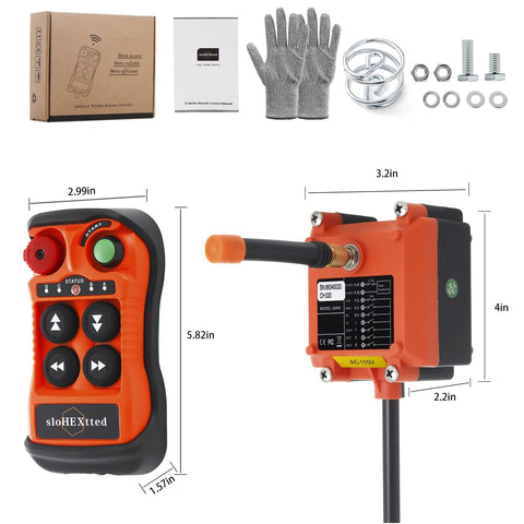 4-channel wireless crane remote control kit with orange handheld transmitter and orange receiver unit; includes box