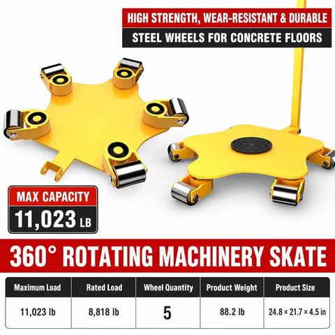 Heavy Duty 5 Ton Machinery Moving Skate With Rugged Frame Wear Resistant Stainless Casters Dual 204 Carbon Steel Bearings
