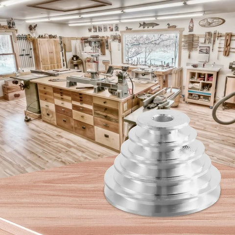 Sturdy Aluminum Pagoda Pulley For Benchtop Drill Press 14Mm And 22Mm V-Belt Drive with 5 steps displayed in workshop.