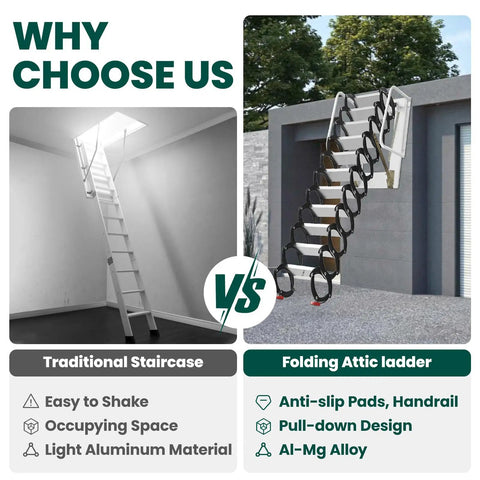 12 Step Retractable Attic Stairs With Armrests, Wall Mounted Loft Ladder, Aluminum Attic Ladder, Pull Down Design With Pull Rod, Built Tough But Lightweight, 900 Lb Capacity, Easy Access For Handy Home Upgrades showing folded and open view