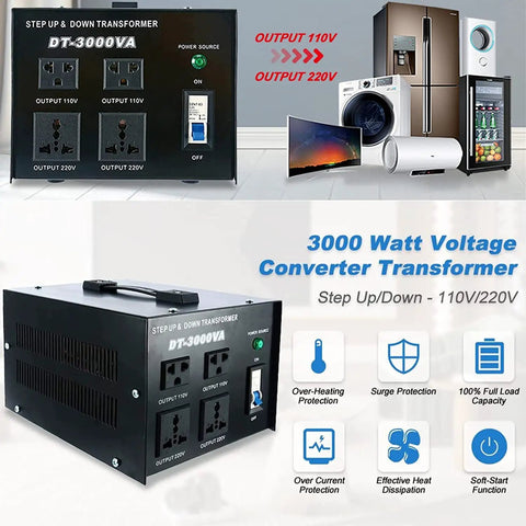 Rugged 3000VA Voltage Transformer Power Converter 110V To 220V AC Converter For Home Use AC To AC Safe Start No Fuss High Efficiency Stable Output 24 7 Operation With Overload Current Protection