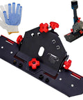 45 Degree Tile Chamfering Tool for Four And One Half Inch And Five Inch Angle Grinders With Red Knobs, shown with gloves