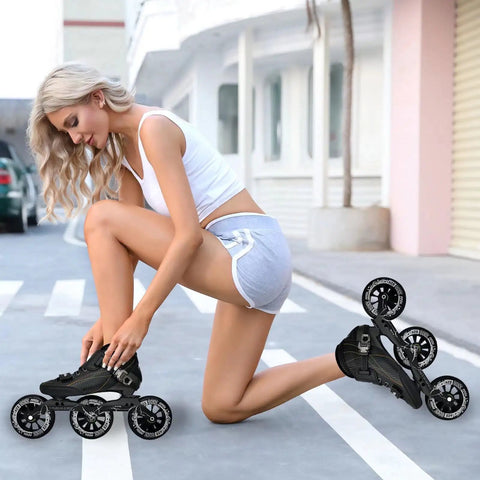 Person kneeling on street wearing Carbon Fiber Inline Skates 4x100mm with ABEC 9 Bearings and 100mm PU Wheels for outdoor fitness.