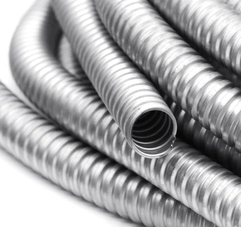 Close-up of a Half Inch Flexible Reduced-Wall Electrical Conduit, 50 Ft Stainless Steel Cable Sleeve Tube for home wiring protection