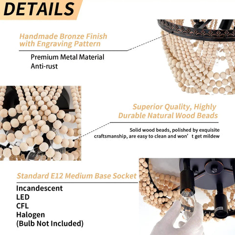 Details of Boho Wood Beaded Chandelier Three Light Flush Mount Ceiling Fixture With Engraved Pattern Oil Rubbed Bronze