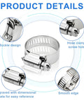 120 Piece Hose Clamp Set In 304 Stainless Steel Worm Gear Clamps Seven Sizes From One Quarter Inch To One And A Half Inch, product details image with buckle, screw hole, edge, and engraving features