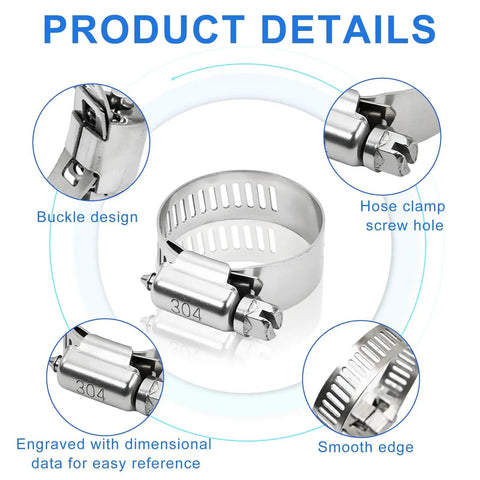 120 Piece Hose Clamp Set In 304 Stainless Steel Worm Gear Clamps Seven Sizes From One Quarter Inch To One And A Half Inch, product details image with buckle, screw hole, edge, and engraving features