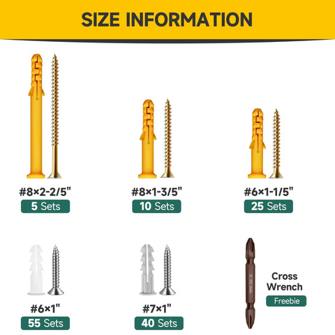 Size options for Drywall Anchors And Screws Kit With 135 Push In Anchors And 135 Flat Head Screws, multi size set