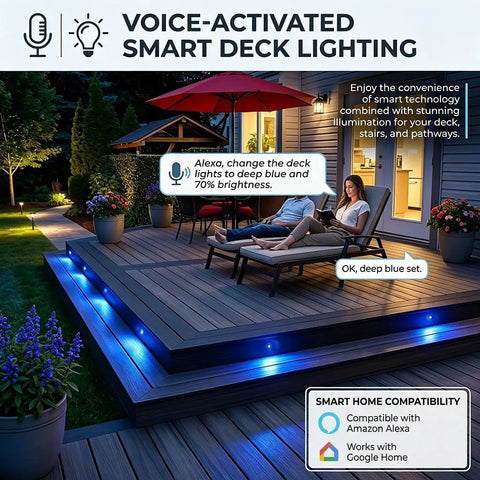 30 Pack 1.22 Inch Low Voltage RGBW Deck Lights With WiFi App And Voice Control, blue lighting on outdoor steps with seating area