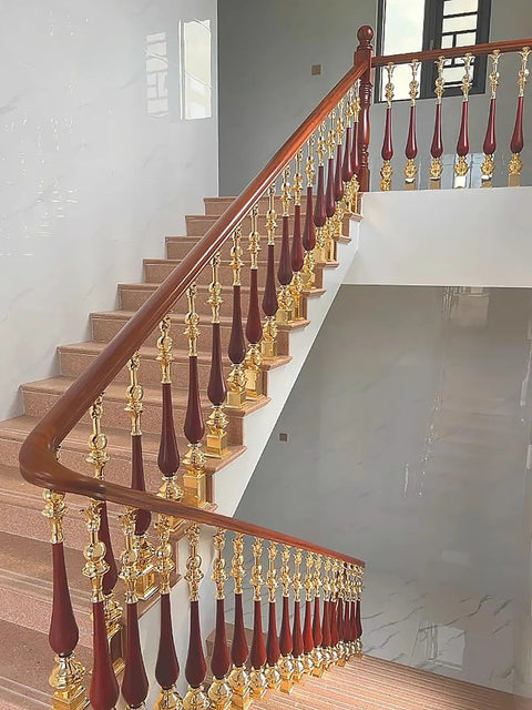 Premium Aluminum Stair Baluster Spindle Kit Adjustable Angle Solid Floor Mount for elegant stair railing with gold and maroon accents.