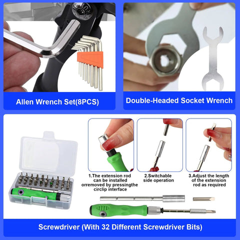 135-piece 3D printer tool kit with toolbox; includes Allen wrenches, socket wrench, screwdriver bits, extension rod.