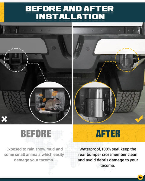 Before and after installation: left shows exposed rear bumper crossmember; right shows installed all-black rear crossmember end caps on a 4th-gen Toyota Tacoma.