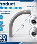 Twenty Pack Three Quarter Inch Ninety Degree Long Radius Pvc Conduit Elbows With Bell Ends For No Sweat Installations showing dimensions and specifications.