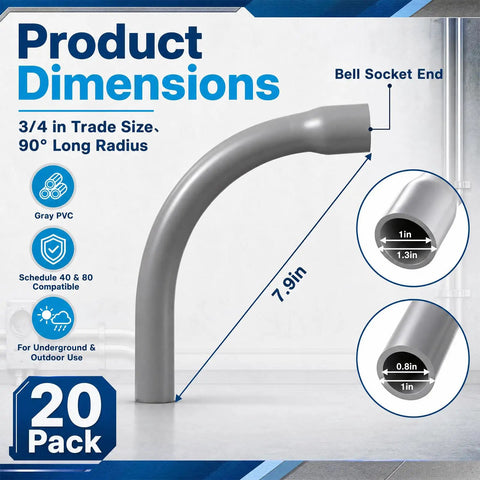 Twenty Pack Three Quarter Inch Ninety Degree Long Radius Pvc Conduit Elbows With Bell Ends For No Sweat Installations showing dimensions and specifications.