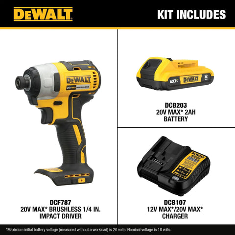 20V Max Brushless Impact Driver With One Quarter Inch Hex, Compact Lightweight Design, battery and charger included
