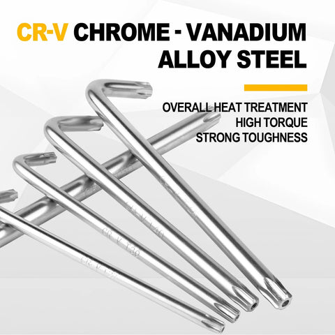 Tamper Proof Torx Screwdriver Kit 9 Piece With Pin Hole Security Star Bits Hex Key showing Cr-V alloy steel construction.