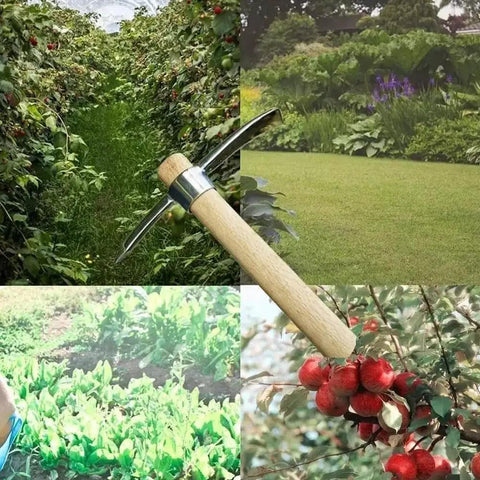 Stainless Steel Garden Hoe Pick With Double Headed Pickaxe 2 In 1 Multipurpose Mattock Hoe Garden Tool shown in various garden settings