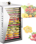 12-Tier Stainless Steel Food Dehydrator Machine with Digital Timer and Thermostat for Beef Jerky and Dried Fruit Preserves, showing stacked trays of colorful fruits.
