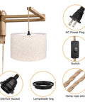 Plug And Play Boho Pendant Light With 16 FT Natural Linen Shade And Integrated On Off Switch Hemp Cord showcasing E26 socket and wood mount.