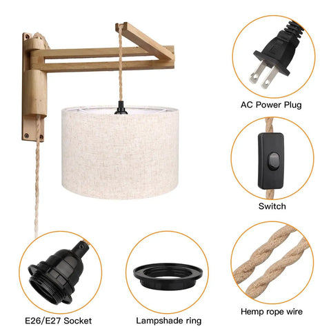 Plug And Play Boho Pendant Light With 16 FT Natural Linen Shade And Integrated On Off Switch Hemp Cord showcasing E26 socket and wood mount.
