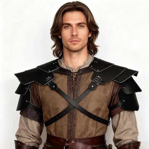 Men's Medieval Harness Armor Set With Adjustable PU Leather Shoulder Pauldrons And Chest Harness For Cosplay Halloween LARP