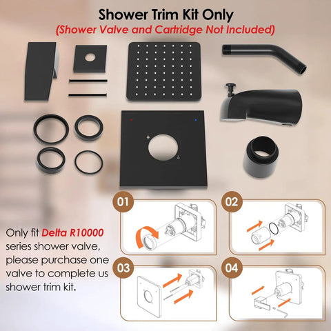 Fresh Matte Black Shower Trim Kit For Tub And Bath Smooth Turn Handle Set With Six Inch Rain Shower Head Sick Looking Modern Bathroom Faucet Conversion Valve Cartridge Not Included