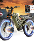 Badass 5600W Dual Motor Electric Bike With 60V 80Ah Battery, 50 MPH Top Speed, 250 Mile Range, 26 Inch Fat Tire Air Full Suspension Off Road Mountain Ebike For Adults close-up of handlebars and wheels with electric motor glow