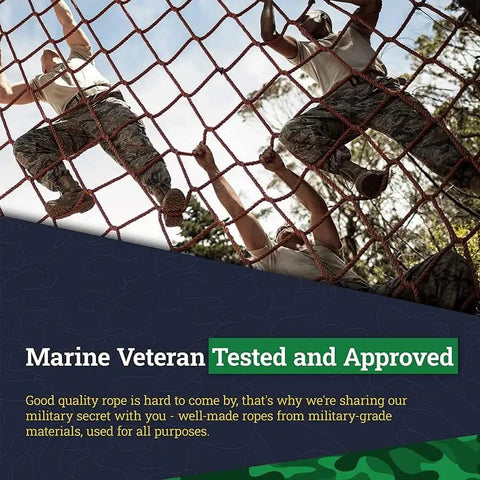 Marines climbing a red training net, showcasing the strength and reliability needed for Diamond Grip Black Bungee Cord One Eighth Inch.