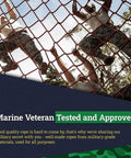 People climbing a cargo net with text emphasizing marine veteran testing and approval for military-grade ropes.