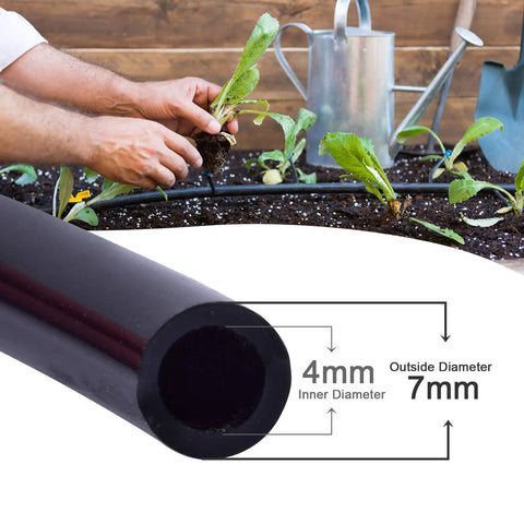 Close-up of 100 Ft One Quarter Inch Blank Distribution Tubing for Drip Irrigation in garden use, showing size details.