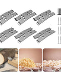 Six Piece Pro Grade Slab Clamping Dogs Set for Workbenches with screws and wood shavings for carpentry projects and milling tasks.