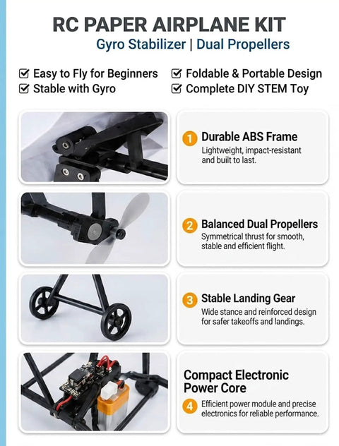 Electric RC Paper Airplane Kit With Gyro Stabilizer For Smooth Outdoor Flights, dual propeller details on assembly guide.