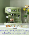 Get Your Daily Java Fix With This Dependable Home Espresso Maker And Coffee Machine Featuring Built In Grinder And Creamy Milk Frother Semi Automatic Heat Display For Smooth Barista Level Shots In Fresh Green Finish, close-up view showing espresso extraction.