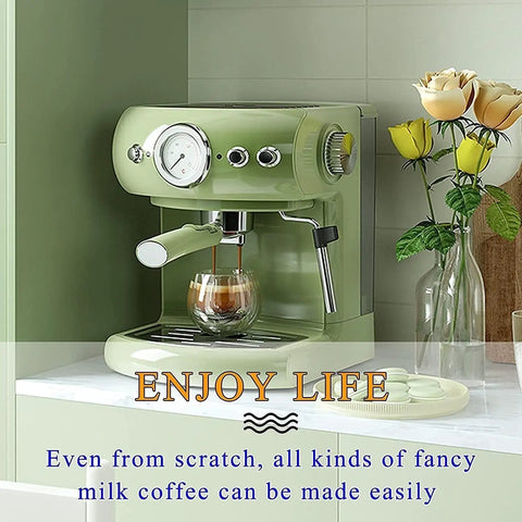 Get Your Daily Java Fix With This Dependable Home Espresso Maker And Coffee Machine Featuring Built In Grinder And Creamy Milk Frother Semi Automatic Heat Display For Smooth Barista Level Shots In Fresh Green Finish, close-up view showing espresso extraction.