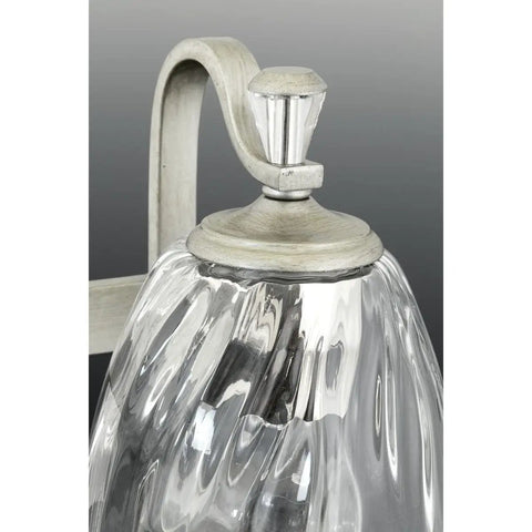 Close-up of clear water glass shade on Anjoux Dope Two Light Gray Bath Vanity Light with polished nickel accents.