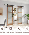 Double 24x84 Inch Glass Barn Doors With 48 Inch Opening, 8 Ft Hardware Kit And Handle Included, 3 Panel Frosted Glass, LVL Wood Panel