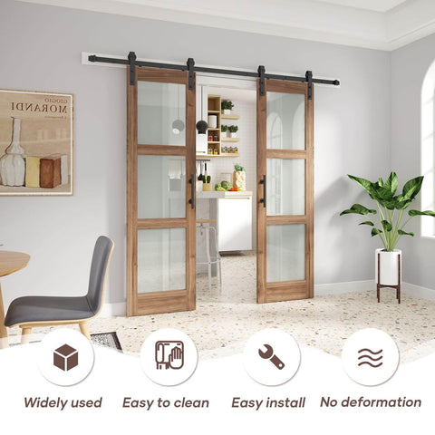 Double 24x84 Inch Glass Barn Doors With 48 Inch Opening, 8 Ft Hardware Kit And Handle Included, 3 Panel Frosted Glass, LVL Wood Panel