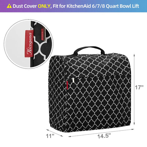 Sturdy Stand Mixer Cover for Tilt Head and Bowl Lift Models, Fits 6, 7, and 8 Quart Mixers, Lantern Black Dust Cover With Zipper Pocket shown with dimensions 14.5 x 11 x 17 inches