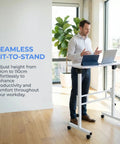 Rolling Ergonomic Standing Desk With Smooth Wheels Adjustable Height Desktop Laptop Workstation Level Up Your Remote Grind Straight Up in a bright office setting.