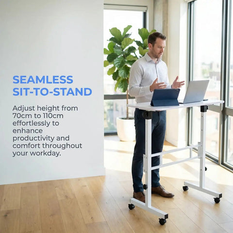 Rolling Ergonomic Standing Desk With Smooth Wheels Adjustable Height Desktop Laptop Workstation Level Up Your Remote Grind Straight Up in a bright office setting.