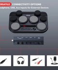 Compact Tabletop Electronic Drum Pad Kit With 8 Touch Sensitive Pads And Pedals, 600 Sounds, USB And Headphone Outputs