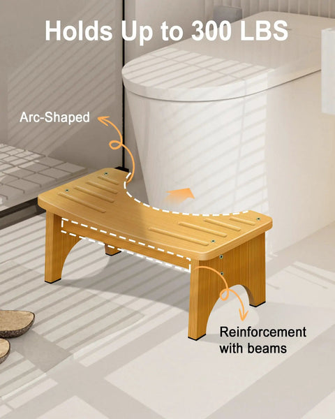 Eco Friendly Bamboo Toilet Stool Six Point Five Inch with C Shape Opening and anti-slip feet in bathroom setting
