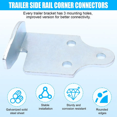 Galvanized steel trailer side rail corner connector with three mounting holes for wood sides latch rack.